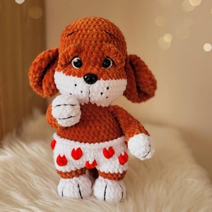 Crochet Puppy Plushie: Handmade Amigurumi Dog Toy with Heart Shorts