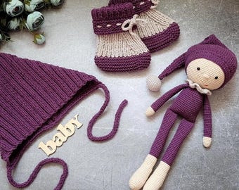Caixa de presente para bebê gnomo - Gorro e botinhas de tricô + brinquedo de gnomo de crochê - Presente para novas mamães, Presente de chá de bebê feito à mão - Roupa de volta para casa - Conjunto para recém-nascido