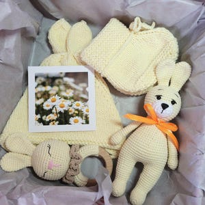 Neutrales Körbchen Hase Baby: Gestrickte Mütze + Schühchen, Hasenrassel und Spielzeug. Personalisiertes Neugeborenen Baby Geschenk, erwartet Mama Geschenk, Baby Glückwunsch