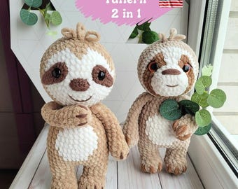 Plush Sloth Crochet Pattern 2 in 1: Amigurumi Stuffed Animal Toy (PDF Pattern)