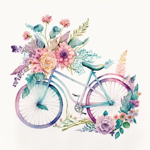 Puede incluir: Ilustración en acuarela de una bicicleta adornada con un gran ramo de flores. La bicicleta es azul claro con detalles morados en las ruedas. Las flores son rosas, moradas y amarillas, con follaje verde.