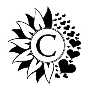 May include: Black and white graphic of a sunflower with the letter "C" in the center. The sunflower petals are black, and the center is a white circle with a black border. Black hearts surround the sunflower.