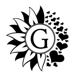 May include: Black and white floral design with the letter "G" in a circle at the center. The design includes a sunflower shape with petals and leaves, and a scattering of hearts.