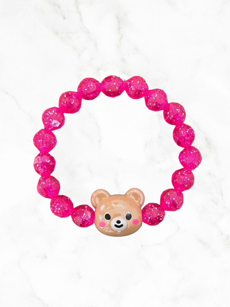 Kids Teddy Bear Bracelet, Pink Glitter Bracelet, Little Kid Jewelry