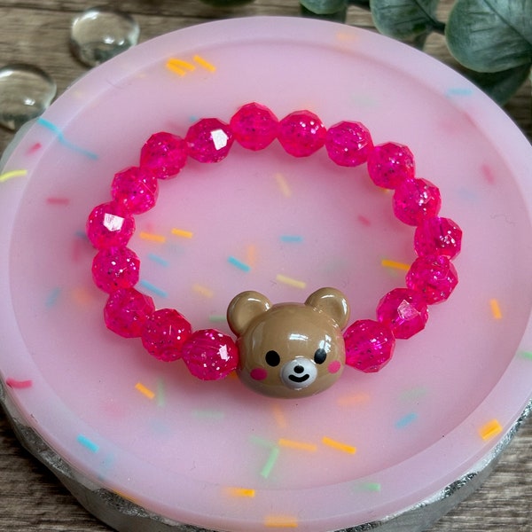 Kids Teddy Bear Bracelet, Pink Glitter Bracelet, Little Kid Jewelry, Girl Valentines Gift, Toddler Bracelet, Easter Basket Stuffer