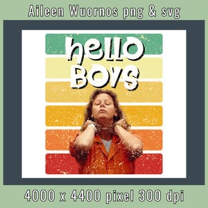 Puede incluir: Un gráfico de estilo retro con una mujer con un mono naranja y el texto "hello boys" en letras blancas sobre un fondo rayado multicolor.