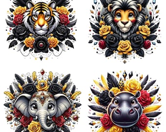Lion PNG, Lion SVG, Cute Elephant png, Sublimation design, Tiger SVG, Hippo svg, dtg design, wild animal designs, cute animal png