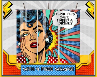 Opakowanie na kubek „Retro Housewife”: sarkastyczny pakiet sublimacji w stylu pop-artu w formacie PNG do pobrania w wersji cyfrowej
