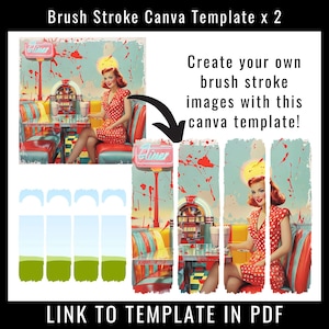 May include: A Canva template with a retro diner theme. The template features a woman in a red polka dot dress sitting at a booth with a jukebox in the background. The template is designed to be used with brush strokes to create a unique and artistic look.