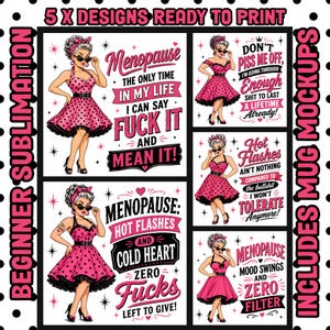 Op de afbeelding: Een digitale designset voor sublimatie, met vijf unieke ontwerpen met een retro pin-up girl thema. Elk ontwerp bevat tekst over de menopauze, in roze en zwart. Inclusief mok-mockups.