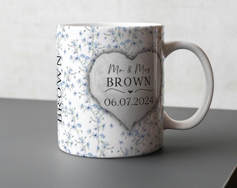 Blue Floral Mr and Mrs Mugs sets | Personalised Wedding Gift | Wedding Present for Husband and Wife | Wedding Couples Anniversary Gift