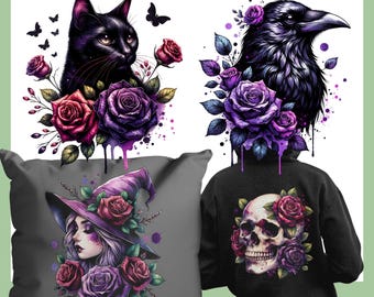 Witchy PNG Sublimation Bundle: Gothic Skull, Raven, Black Cat, Floral Designs