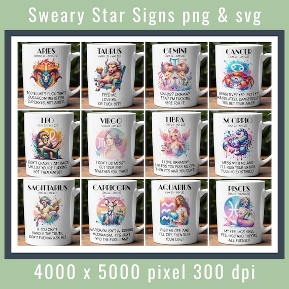 Swearing Astrology PNG SVG Bundle: Rude Star Sign Designs (Digital Download)