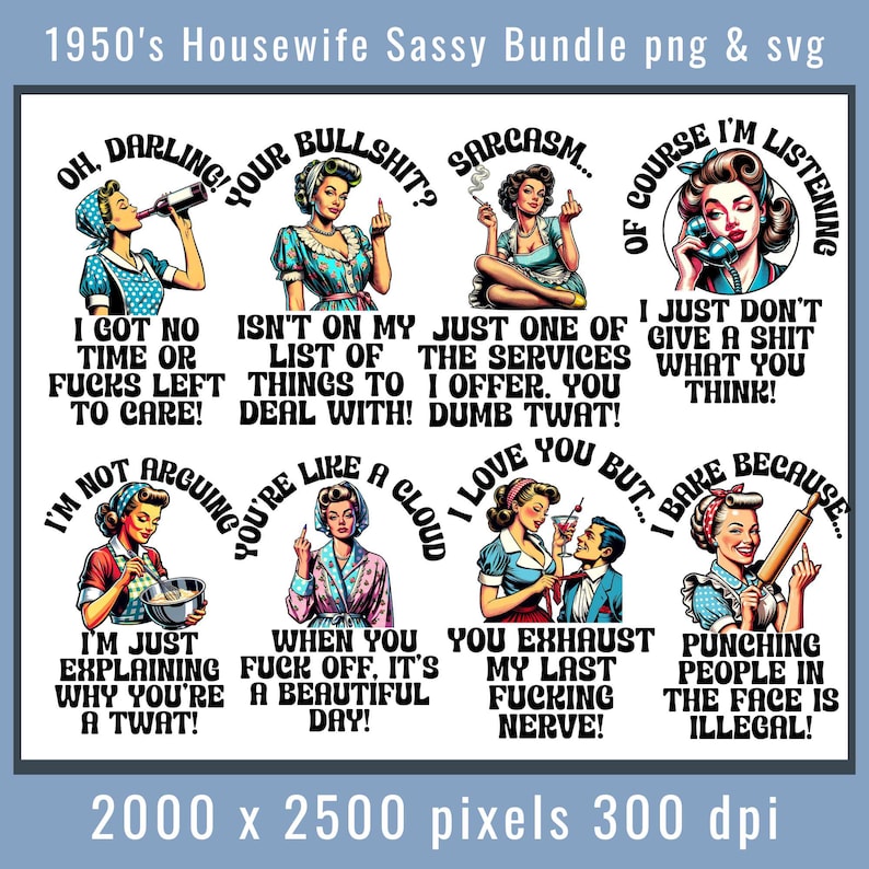 1950s Housewife Sarcastic PNG SVG Bundle: Retro Illustrations (Digital Download) image 1