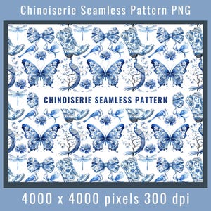 Motivo Chinoiserie senza cuciture PNG, sublimazione Western Cowgirl, carta digitale farfalla blu, design per custodie per telefono con stampa a sublimazione su tessuto