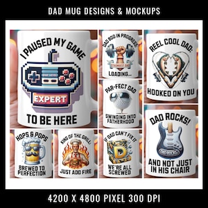 Paquete de sublimación, diseños para el Día del Padre, diseños de tazas para papá, clipart divertido de papá, PNG de sublimación para papá, diseños con frases para papá, clipart de papá pescador