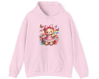 Coquette Bear Hoodie, Pink checked bow, baby pink hoodie