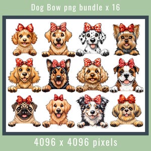 Könnte beinhalten: Ein Set mit 16 digitalen Illustrationen von Hunden, die rote und weiße gepunktete Schleifen tragen. Jeder Hund ist mit einer anderen Rasse und einem anderen Ausdruck dargestellt, der über eine weiße Oberfläche schaut. Die Bilder sind 4096 x 4096 Pixel groß.