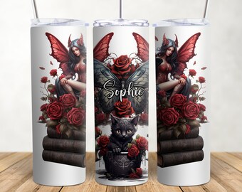 Gothic Tumbler with straw with any name | personalised cup | red roses cat | Butterfly Bat | Custom Travel Mug | Skinny Tumbler