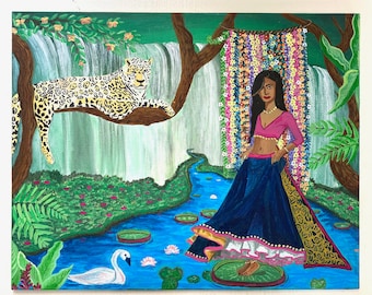 May include: A painting of a woman in a blue and gold skirt standing in a stream with a white swan. The woman is wearing a pink top and a flower garland. A leopard is sitting on a branch in the background.