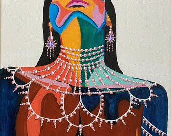 May include: A painting of a person with colorful makeup and a large pearl necklace. The person is wearing a blue outfit and has their head tilted back.