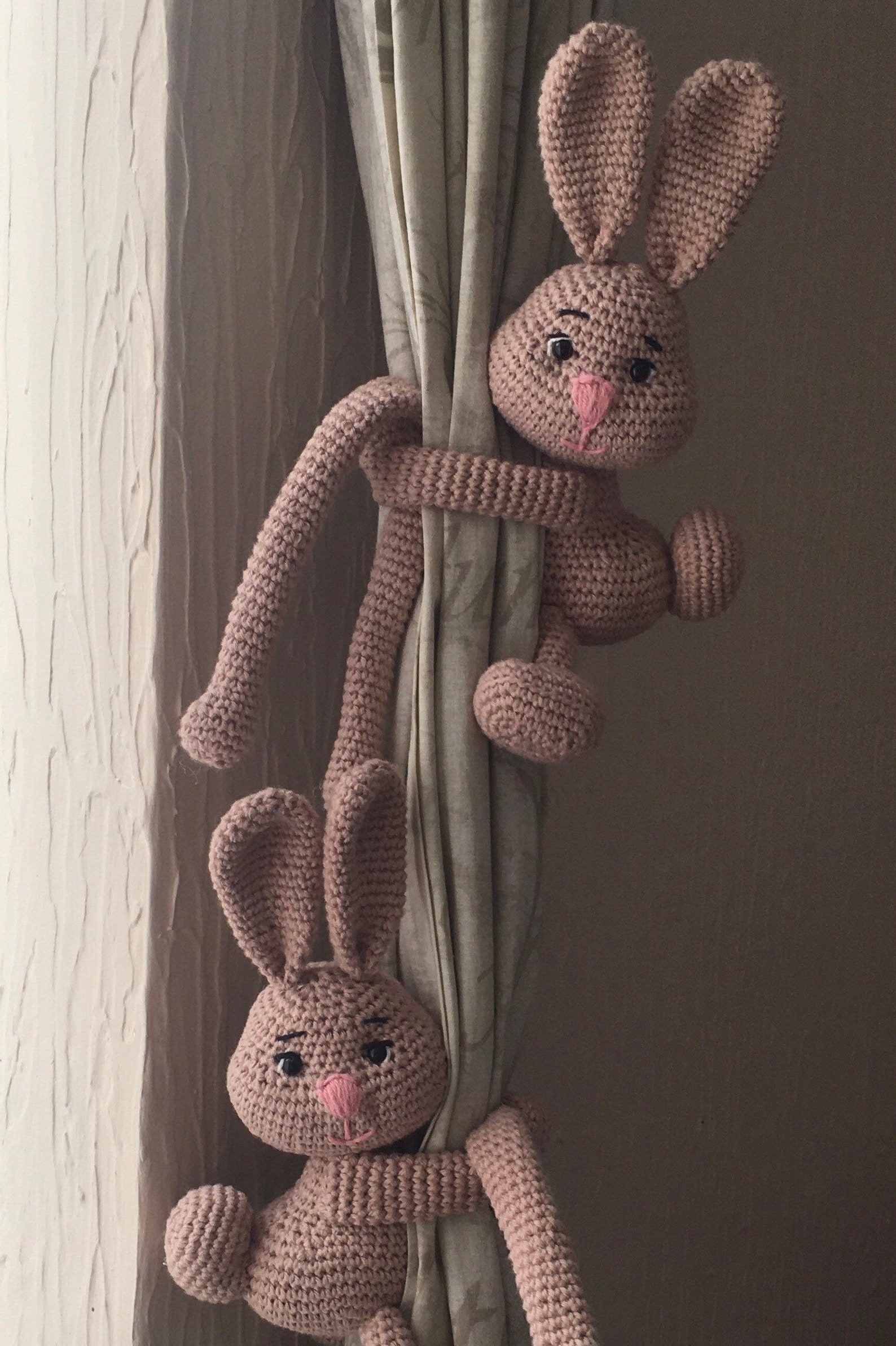 A pair of Bunny nursery curtains tie backs Crochet curtains Etsy
