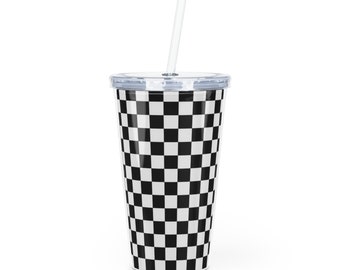 SKA STUFF | Black + White Checkered Plastic Tumbler with Straw - 20 ounces