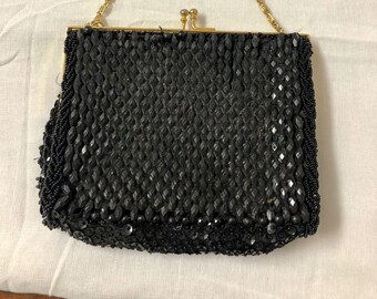 Glamorous Vintage Mr. Mart black bead handbag purse. 1950s-1960s. Made in Hong Kong.