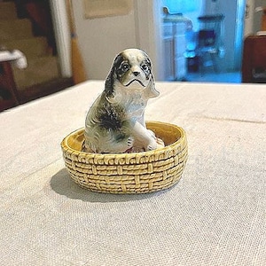 Adorable porcelain dog in a basket figurine. Made in Japan!