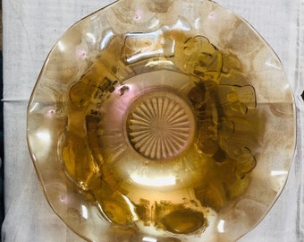Large vintage Marigold Carnival Glass iridescent fluted bowl with floral pattern