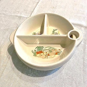 Neat EXCELLO baby food heater dish with colorful illustrations. 1940s!