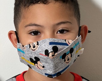 Mickey Mouse Gray Mask 4 Layer Children's  Kids School Age - Reusable - Adjustable- Washable - Made in USA