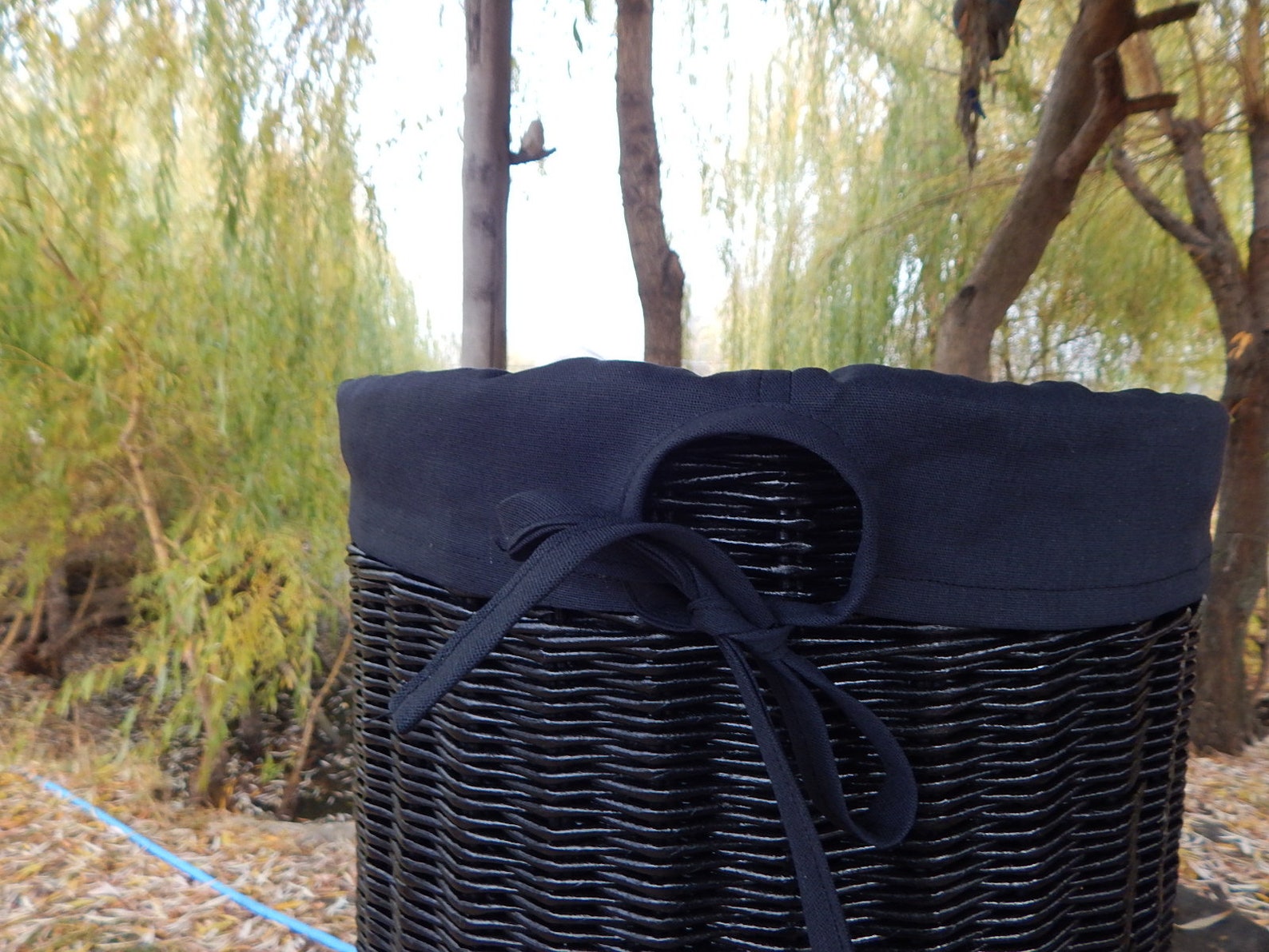 Black round large wicker Laundry basket with lid round Etsy