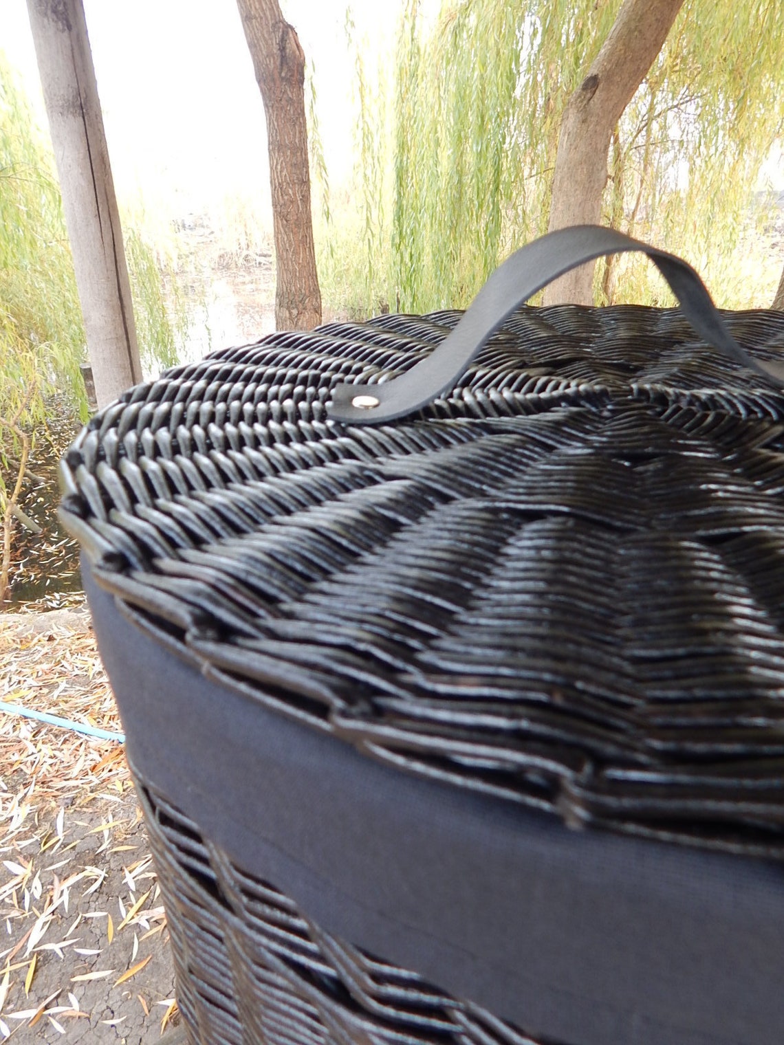 Black round large wicker Laundry basket with lid round Etsy