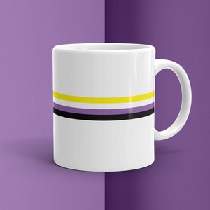 May include: A white ceramic mug featuring a horizontal stripe pattern consisting of a yellow stripe, a white stripe, a purple stripe, and a black stripe centered on the exterior surface. The mug has a curved handle on the right side.