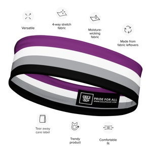 K&ouml;nnte beinhalten: Ein Stirnband mit horizontalen Streifen in Lila, Wei&szlig;, Grau und Schwarz. Ein schwarzes rechteckiges Etikett ist angebracht und zeigt den wei&szlig;en Text SIX UP PRIDE FOR ALL WWW.SIXUPSHOP.COM. Symbole umgeben das Stirnband und weisen auf Merkmale wie 4-Wege-Stretch, feuchtigkeitsableitendes Material und Stoffreste hin.