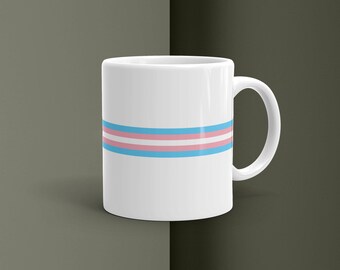 Caneca de café/chá de cerâmica brilhante com listras do orgulho trans / Utensílio de bebida discreto para pessoas transgênero / Perfeita para uma xícara de chá ou café e um ótimo presente!