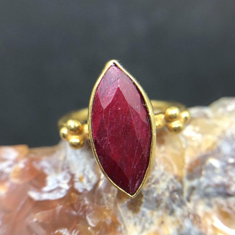 Marquise Cut Ruby Ring 925 K Sterling Silver Handmade Hammered Band Designer Jewelry Ancient natural stone setting