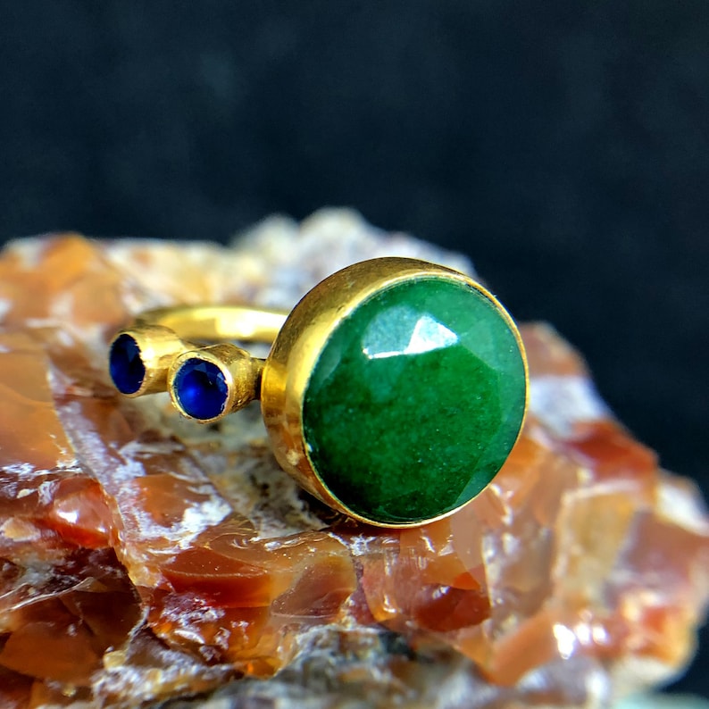 Ring With Emerald And Sapphire 925 K Sterling Silver Handmade HammeredDesigner Statement Ring Dainty Ring Bridesmaid Gift