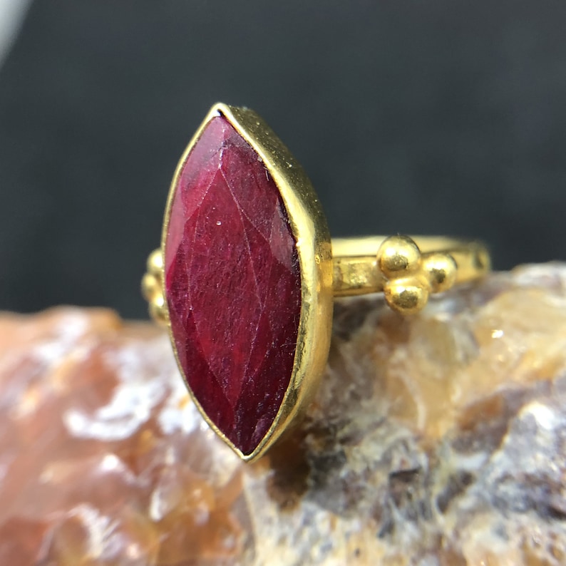 Marquise Cut Ruby Ring 925 K Sterling Silver Handmade Hammered Band Designer Jewelry Ancient natural stone setting