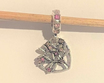 Pink Heart Family Tree Dangle Charm fits Pandora Bracelet , Family Roots Charm , Silver , Pink CZ