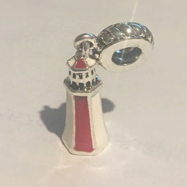 Lighthouse Charm fits Pandora Bracelets , Silver, Red Light House Dangle charm , Silver