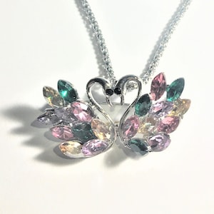 Vintage Betsey Johnson Crystal Swans Pendant Necklace , Crystal Brooch Pin , Statement Necklace