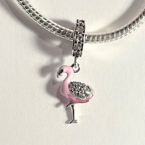 Light Pink Flamingo Crystal Dangle Charm , fits Pandora Bracelet , Tropical Flamingo Charm , Bird Charm , 925 Sterling Silver