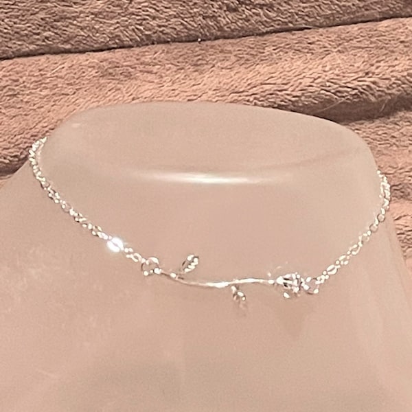 Dainty Silver Rose Flower Anklet , Adjustable Rose Anklet ,  Stemmed Rose Anklet , Delicate Anklet , Minimalist Anklet , silver tone