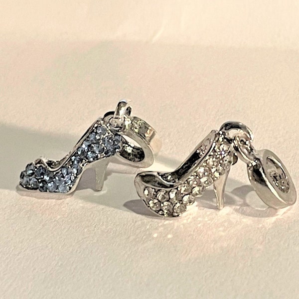 Cinderella Sparkling Slipper Shoe Charm Fits Pandora Bracelets , Clear CZ Dangle Charm , Blue CZ Dangle Charm , High Heel , Silver