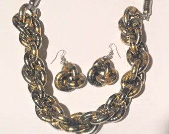 Chunky Resin Braided Chain Link Necklace and Earrings Set, Statement Chunky Golden, Brass, Silver Jewelry Set