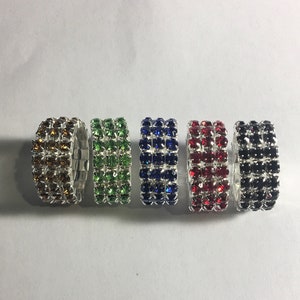 Wide Crystal Rhinestone 3 Row Elastic Stretch Rings ,  Green, Topaz , Blue, Red, Purple , Black & Clear , Bright Pink , One Size fits Most !