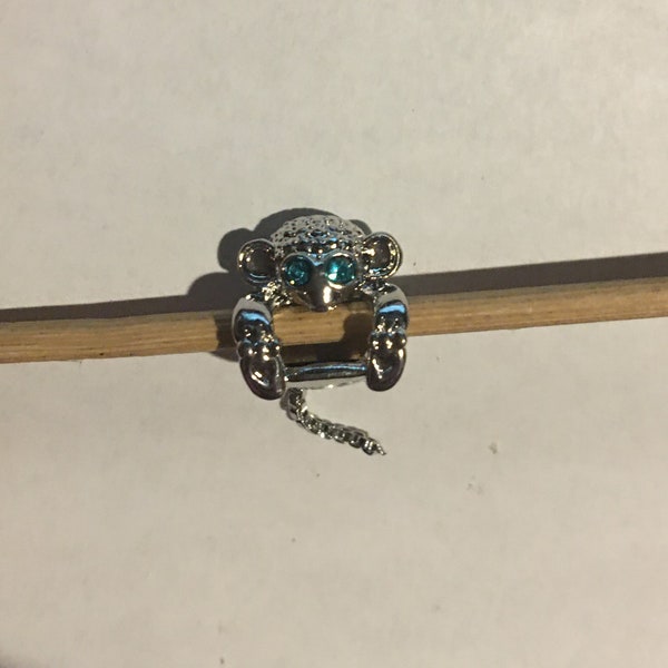 Monkey Charm fits Pandora Bracelets , Blue Crystal, dangling snake chain tail , Monkey Charm , Silver