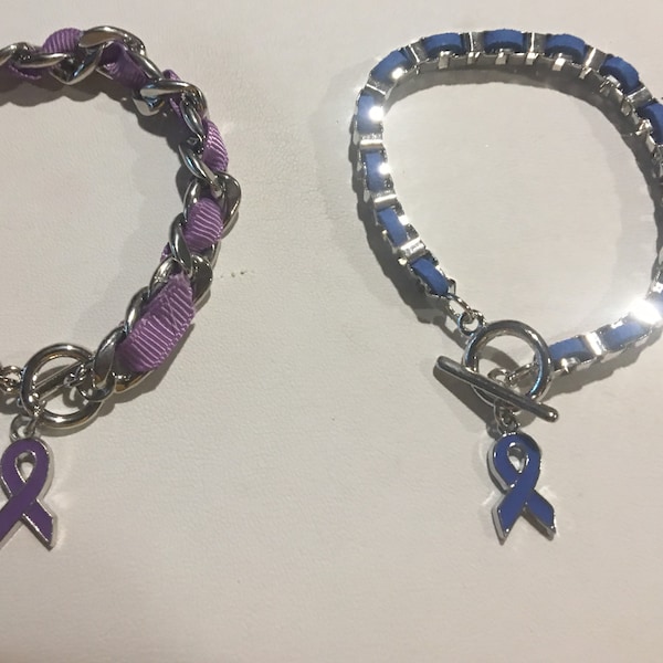 Prostate Cancer Awareness Ribbon Charm Bracelet/Breast Cancer Ribbon Charm Bracelet/ ANY Cancer Awareness Purple  ribbon  Charm Bracelet
